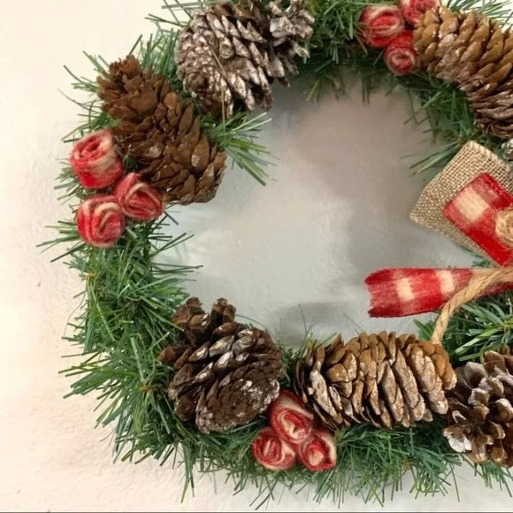 Small Handmade Christmas Pinecone Wreath Ribbon Holiday Decor Gift Idea